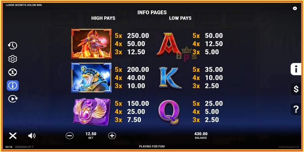 Spil slot Luxor Secrets Holdn Win