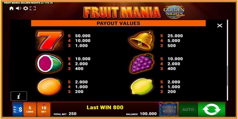 თამაშის სლოტი Fruit Mania Golden Nights